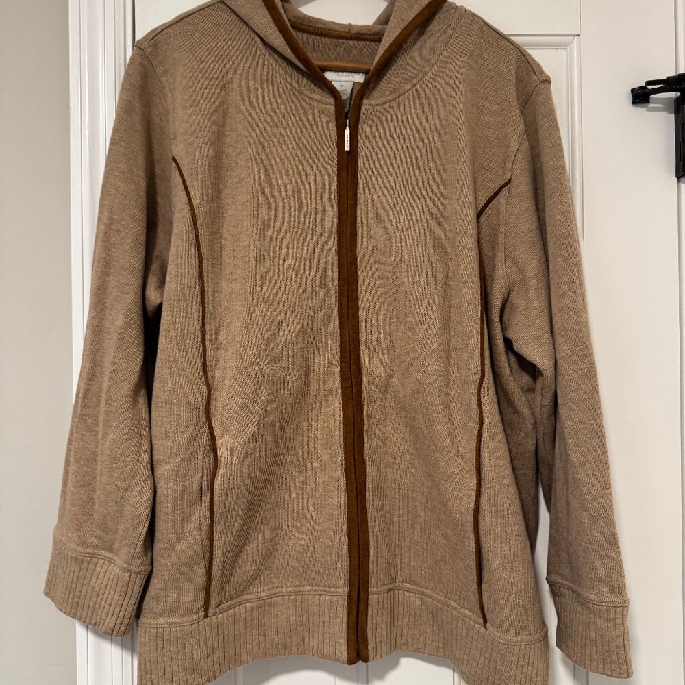 Womens 1X Liz Claiborne Beige Tan Full Zip Hooded Sweater Jacket Faux Suede Trim